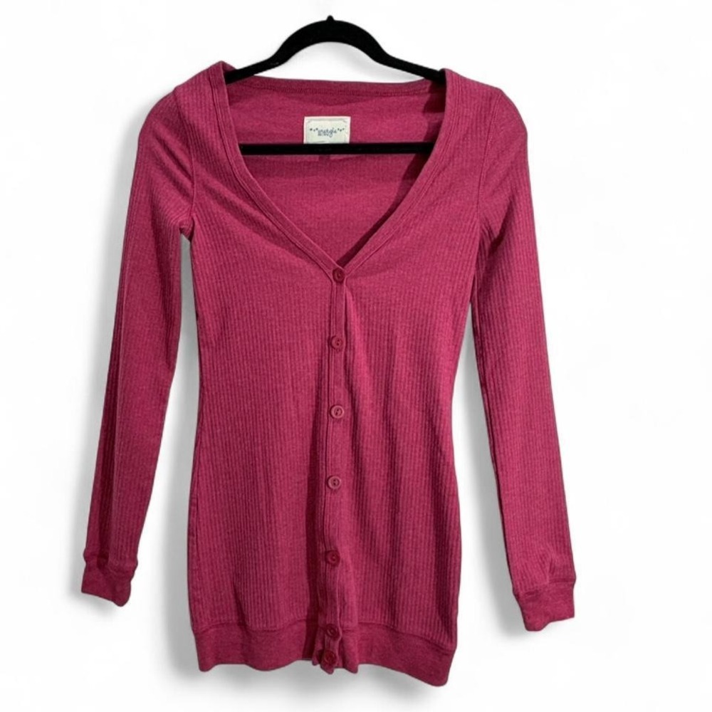 Vintage 90s/Y2K Cardigan Energie Ribbed Long Sleeve V-Neck Berry Pink Size M